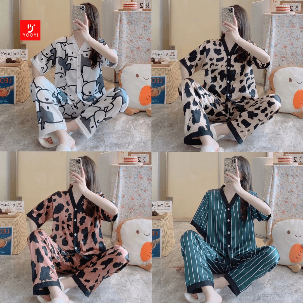 Grosir Yooyi Baju Tidur Wanita Piyama Cewek Satin CP Setelan Kemeja Lengan Pendek Celana Panjang Sty