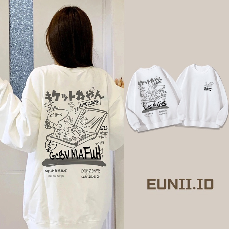 EUNII Sweater putih dreaming kitten Sweater Lengan panjang Model Versi Korea/Pakaian Wanita/Sweater 