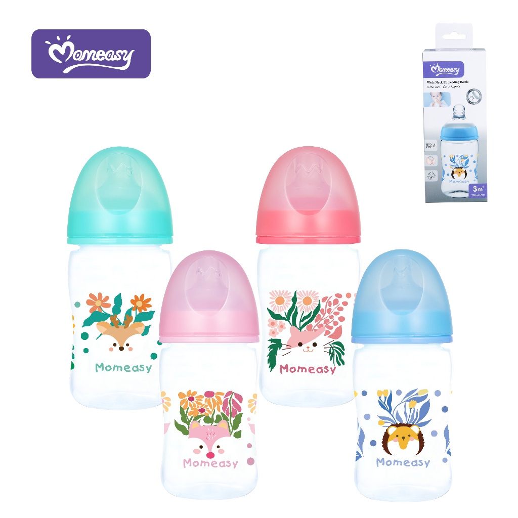 Botol Susu Bayi WideNeck Natural Nipple Gepeng MomEasy 210ml / Dot Bayi Wide Neck Gepeng BPA Free
