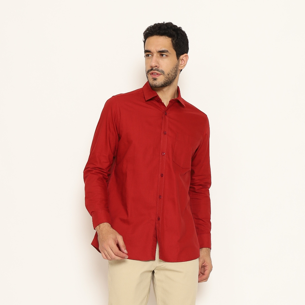 Schoeller - Kemeja Pria Katun Casual Merah Lengan Panjang, Slim Fit