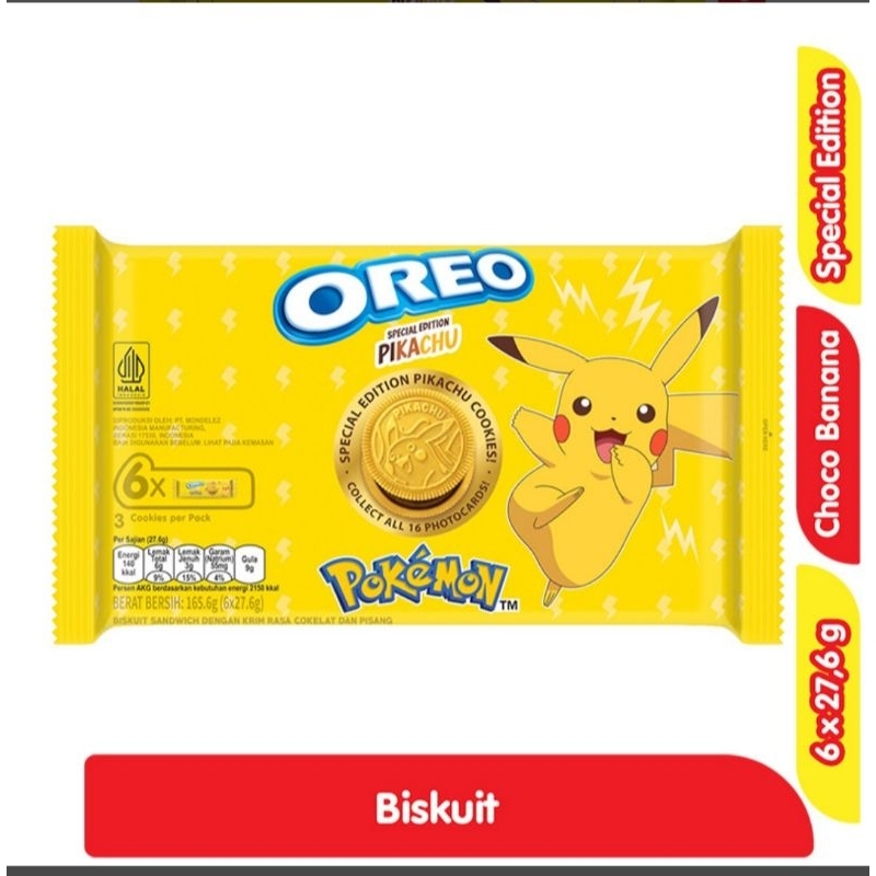 

oreo pokemon biskuit sandwich chocolate&banana cream 6× 27,6gr .. free card didalam nya .. siap kirim dihari yang sama