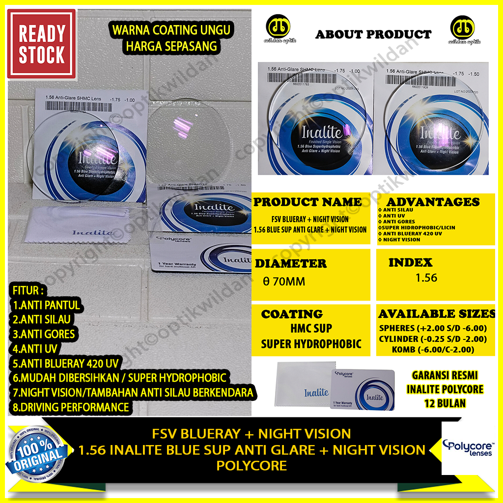 POLYCORE SINGLE VISION  FSV 1.56 BLUE SUP ANTI GLARE & NIGHT VISION