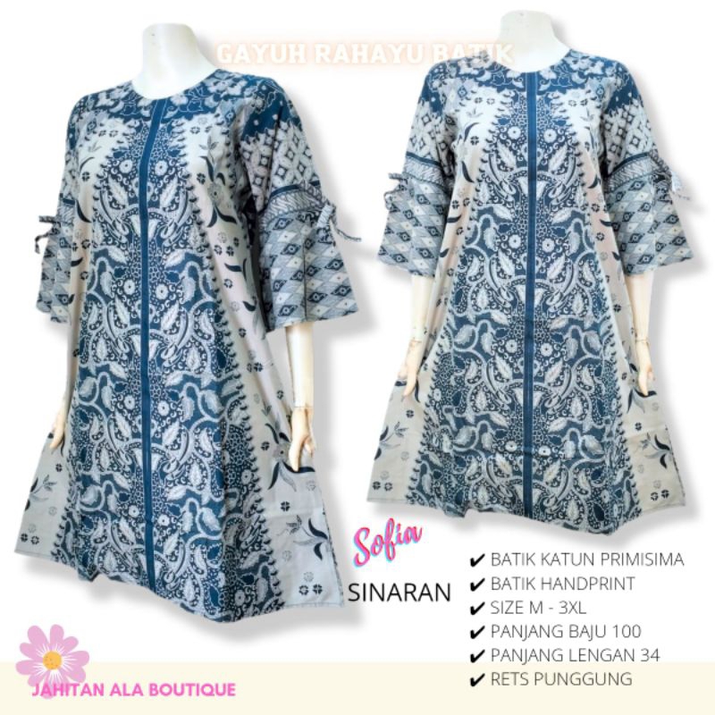 SOFIA DRESS BATIK - Dres Batik Wanita Modern Lengan 3/4 Model Terompet Motif Sinaran, Tunik Batik Ca
