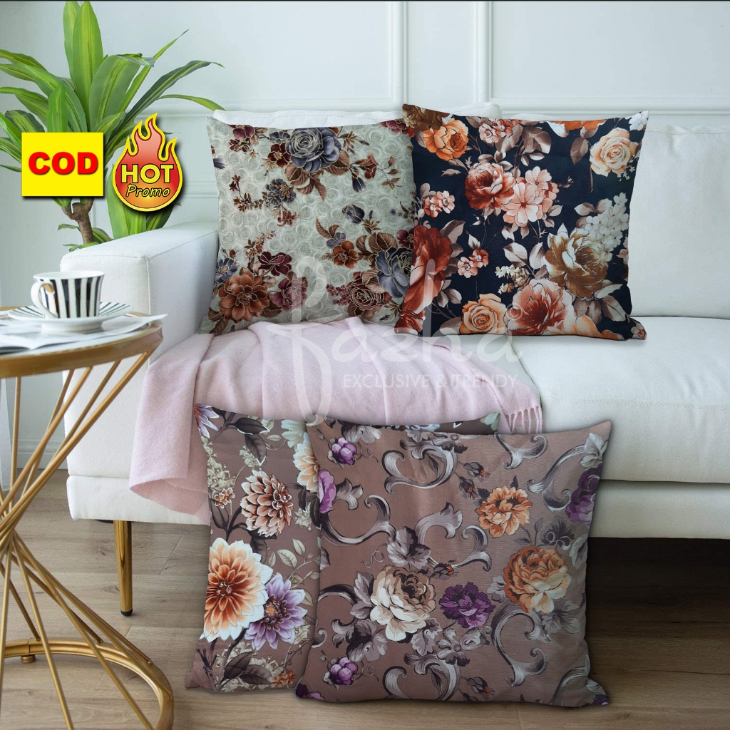 Sarung Bantal Sofa Kursi Tamu Mewah Kekinian Modern Premium Murah Motif Bunga daun hitam coklat Tua