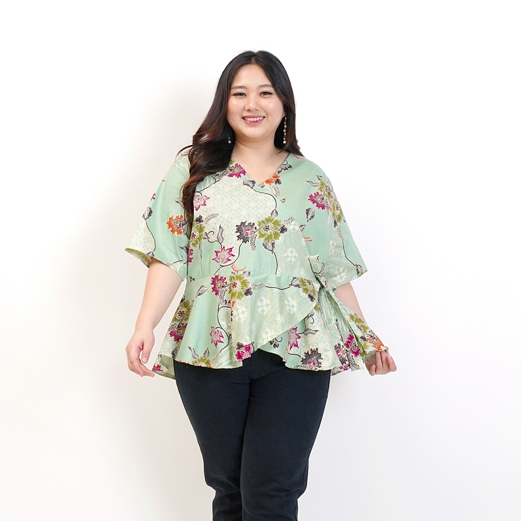 BAJU BLOUSE BATIK WANITA BIG SIZE JUMBO OVERSIZE 628 PREMIUM XXL XXXL LD 120cm PEPLUM HIJAU KERJA KA