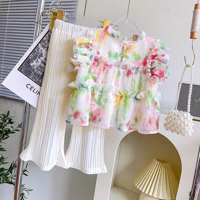 setelan anak putih bunga kulot plisket import fashion