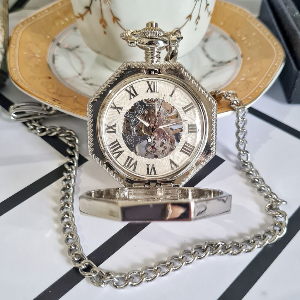 POCKET WATCH Medal Jam Saku Kantong Half Hunter Automatic Otomatis Mechanical Mekanik Skeleton Manua