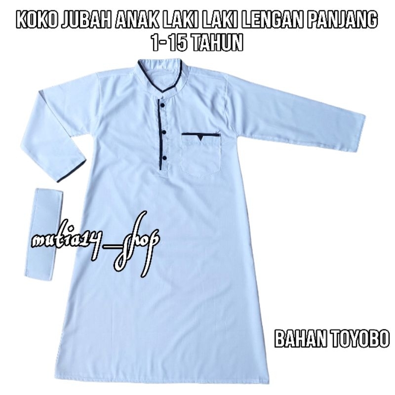 koko gamis jubah putih dan hitam anak laki laki lengan panjang bahan toyobo
