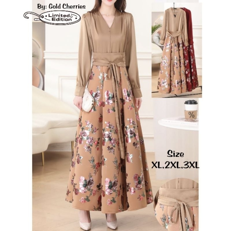 Maxi Dress Gamis Import Gold Cheries Premium Bunga Shiny Obi (FCODI1228)