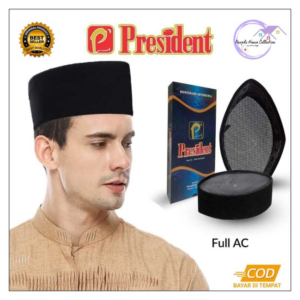 SONGKOK PRESIDENT HITAM POLOS FULL AC 100% ORIGINAL|| SONGKOK/KOPYAH/PECI PRESIDENT FULL AC BEST QUA