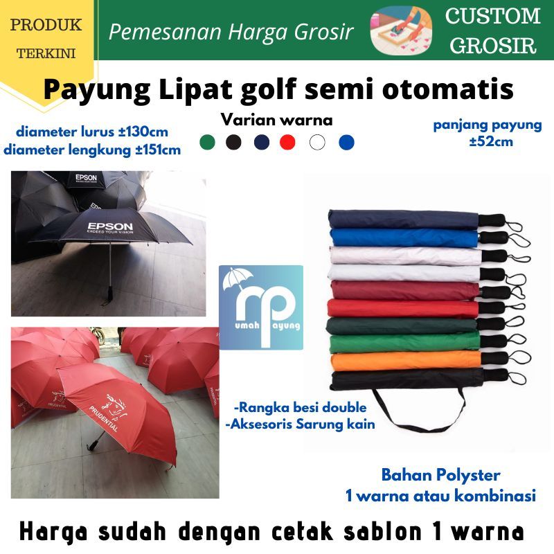 [ payung custom grosir ] payung lipat jumbo golf besar semi otomatis dengan sablon 1 warna - promosi