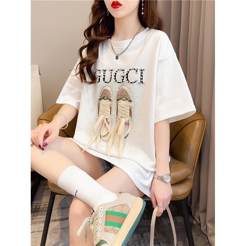 Blouse wanita warna putih motif gambar cantik Korea lengan pendek elegant