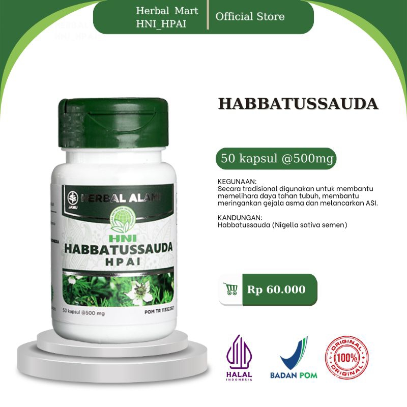 Herbal Mart _ HNI.HPAI (100% Produk Original) Habbatussauda HNI_HPAI obat herbal isi 50 kapsul untuk membantu memelihara daya tahan tubuh, membantu meringankan gejala asma dan melancarkan ASI.