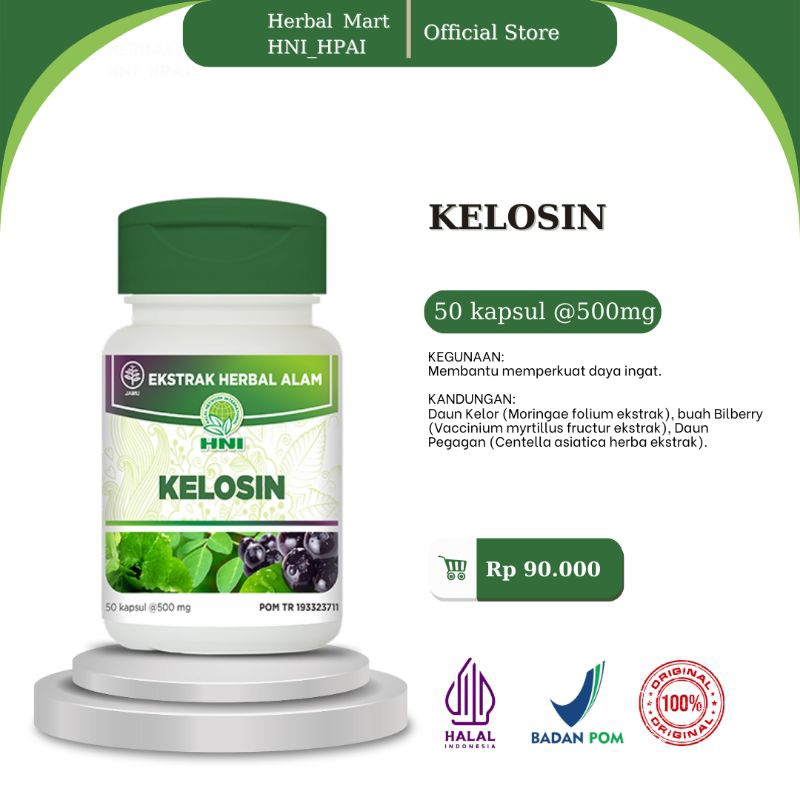 Herbal Mart _ HNI.HPAI (100% Produk Original) Kelosin HNI_HPAI obat herbal isi 50 kapsul untuk Membantu memperkuat daya ingat.