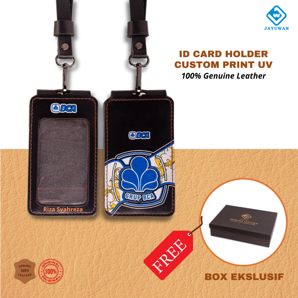 

JAYUWAN KREATIF - 2 Pcs ID Card Holder Lanyard Print UV Kulit Asli Bisa Custom Nama Dan Logo