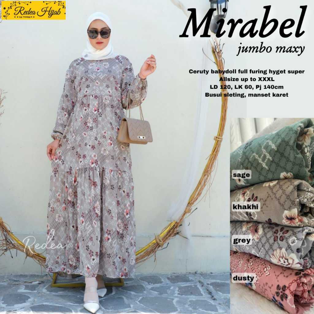 Mirabel jumbo gamis wanita terbaru motif bunga bahan Ceruty babydoll. All size up to XXXL