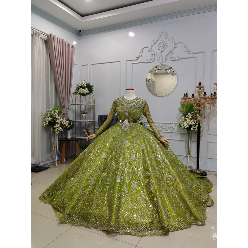 SALE Gown Kebaya Pengantin Hijau Lime Payet jepang
