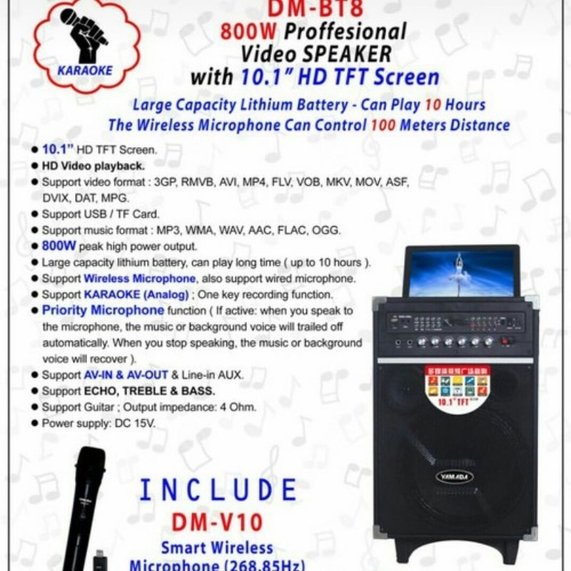 SPEAKER PORTABLE YAMADA DM-T2& DM-BT8 VIDEO KARAOKE ACTIVE LAYAR HD