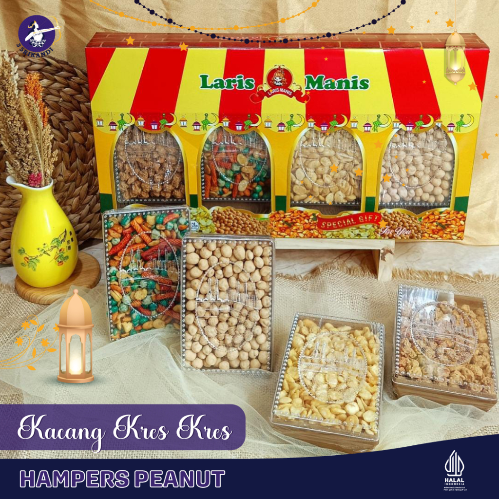

Paket Lebaran Hampers Kacang 'KRES KRES' 4 Toples Mix Kacang Snack/Parsel kacang lebaran - aneka kacang/Hampers 3Srikandi