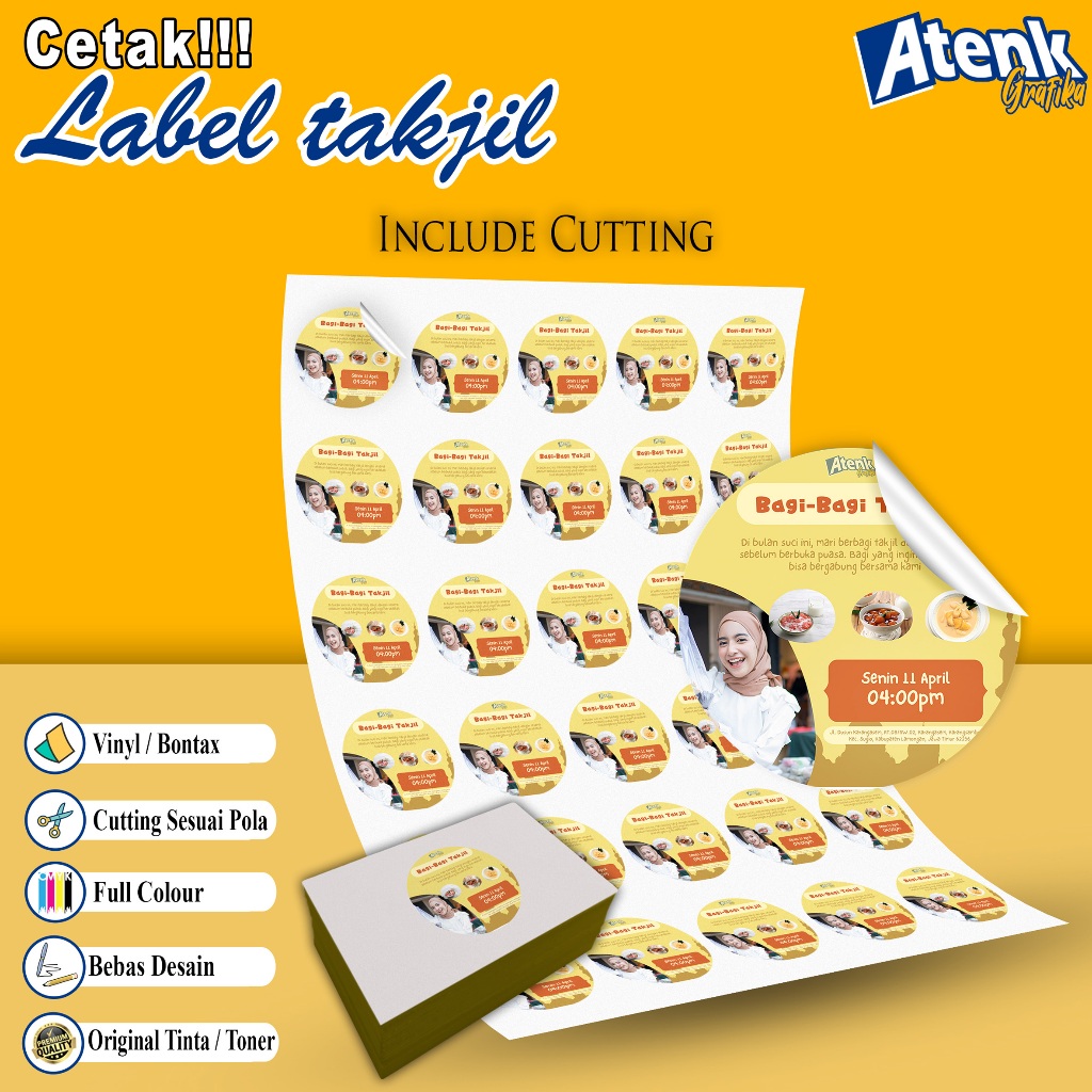 

Cetak Sticker Label Takjil Vinyl A3+ / Stiker Label Kemasan / Sticker Label Kotak Makanan+ Cutting / Non Cutting