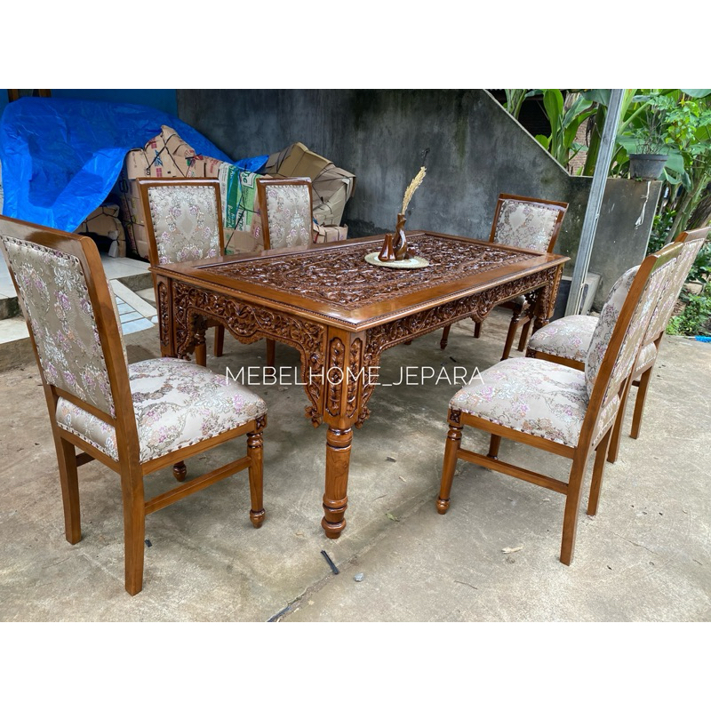 meja makan jati jepara, meja makan ukir jati FREE KACA, meja makan termurah kayu jati