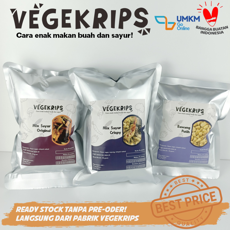 

Mix Sayur Ori 50 Gr + Mix Sayur Crispy 50 Gr FREE Bawang Putih 25 Gr (3 PCS) VEGEKRIPS