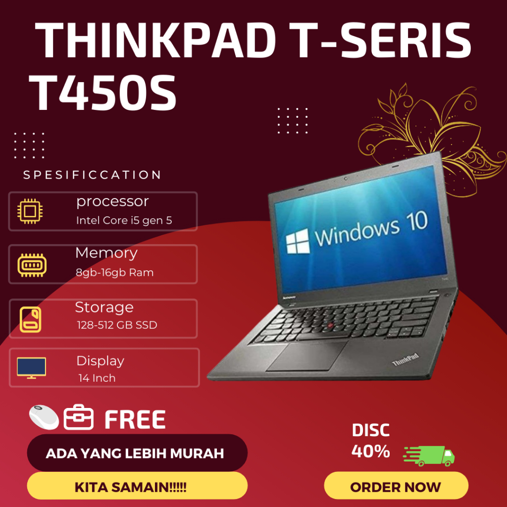 Laptop Lenovo Thinkpad T450s Core i5/i7 Gen 5 Ram 8 Ssd 256 Second Original LIKE NEW