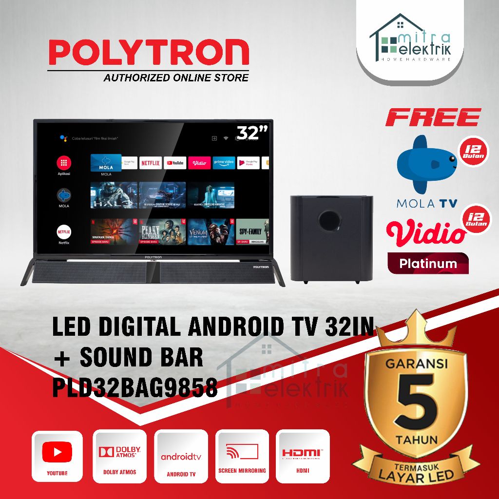 LED TV Polytron 32BAG9858 Android Digital Google TV Cinemax Soundbar
