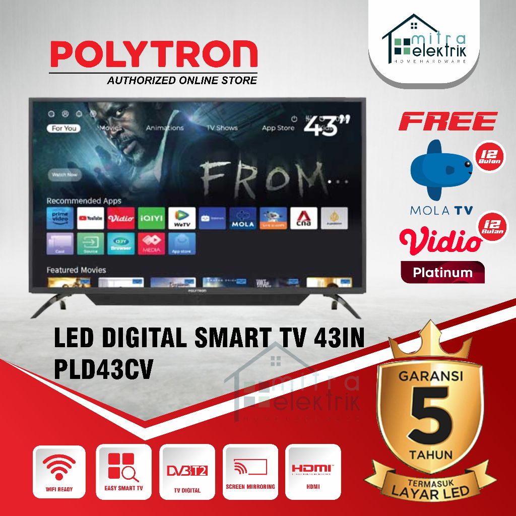 LED TV Polytron 43CV Digital Smart Full HD TV Garansi 5 Tahun