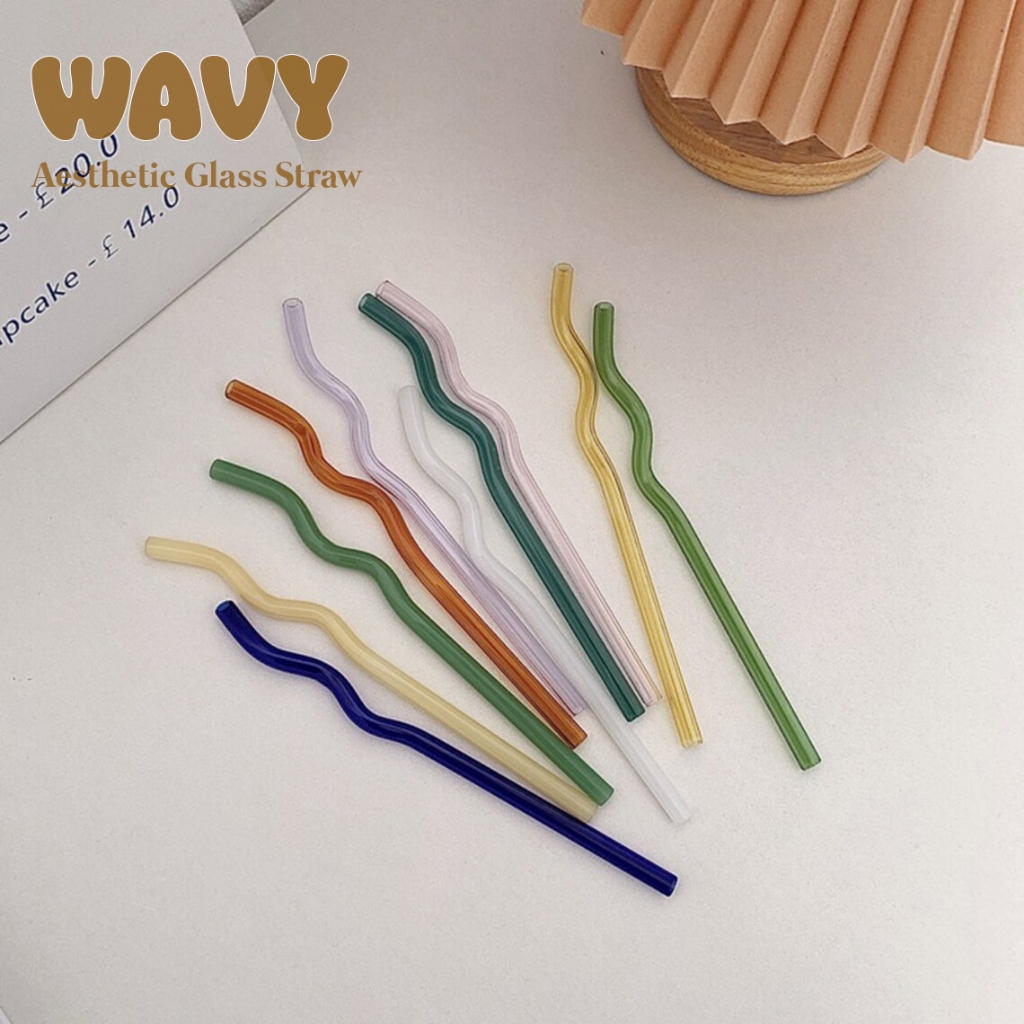 [TEMARUMA] WAVY Sedotan Kaca Aesthetic Borosilicate Lurus Bengkok Smoothies Boba Bening Transparan R