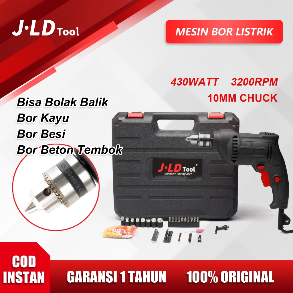 JLD Bor tangan listrik 10mm bor listrik 1 set lengkap 430W mesin bor listrik murah promo Bor bolak b