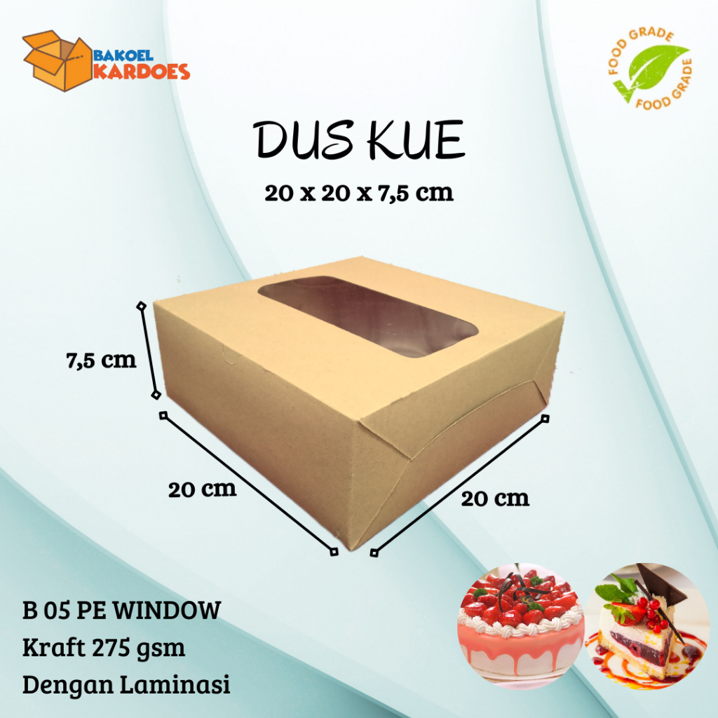 

Kardus Kue B 05 Window 20x20x7,5 Dengan Laminasi