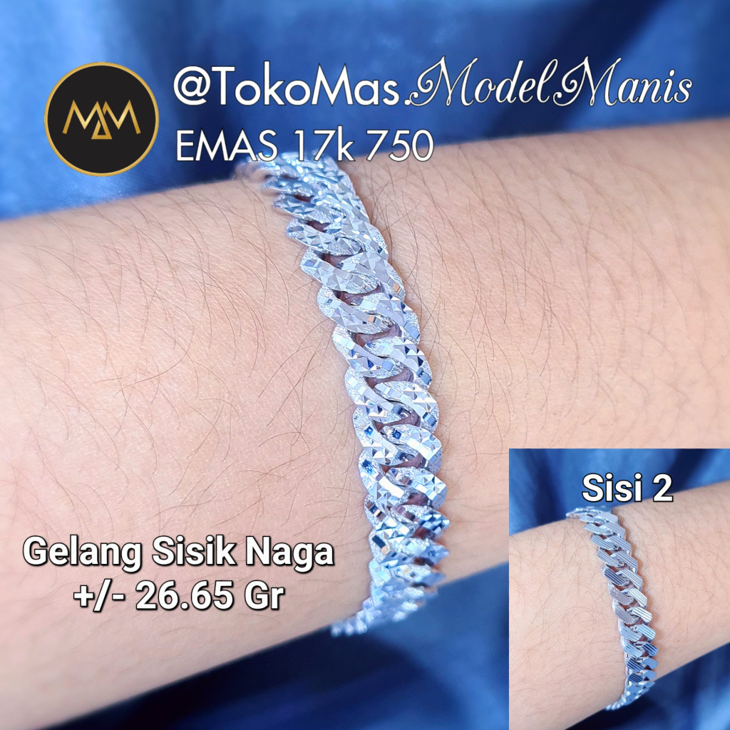 Gelang sisik naga emas putih ukir kilap padat emas 750 kadar 17k