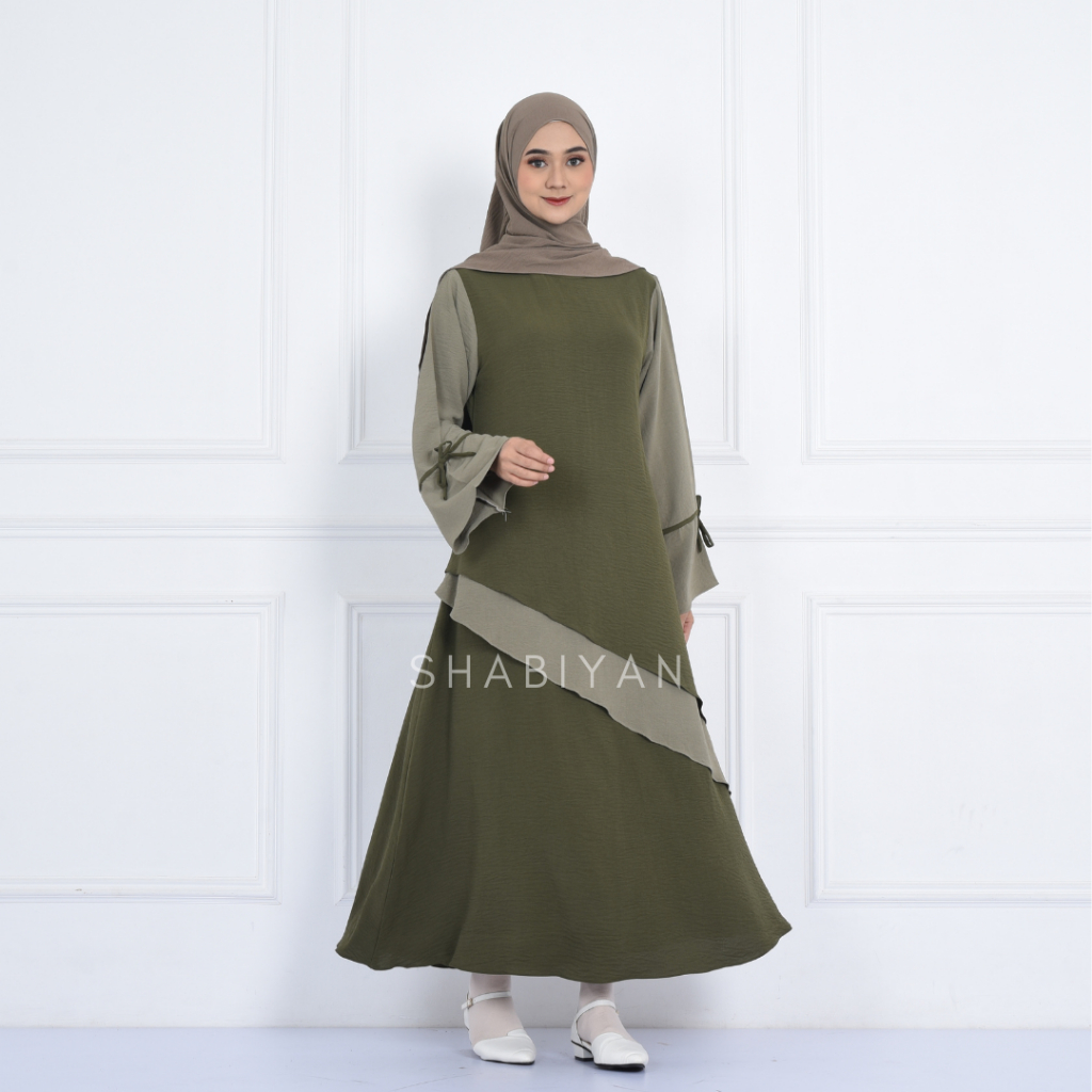 SHABIYAN Gamis Muslim Wanita Polos Kombinasi Crinkle CEY | Viola 534-Green