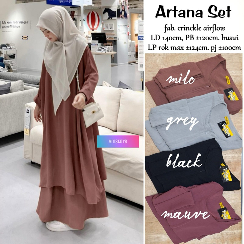 ARTANA SET TUNIK ROK CRINKLE POLOS GAMIS SYARI
