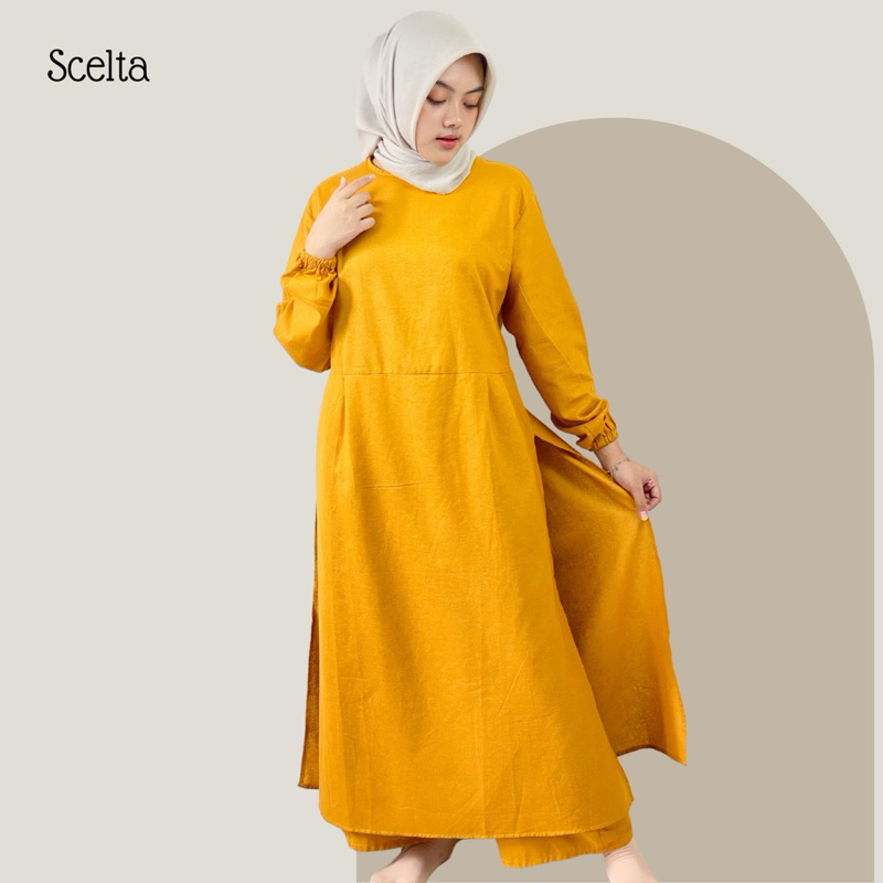 Scelta Collection - Helwa One Set Katun Linen Setelan Dress+Celana Wanita Lengan Panjang || Baju Wan