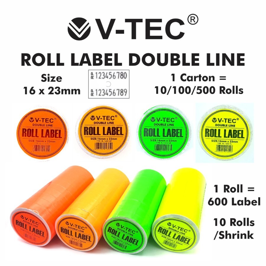 

(10 ROLL) V-TEC ROLL LABEL DOUBLE LINE COLOUR - ISI TEMBAK LABEL HARGA WARNA