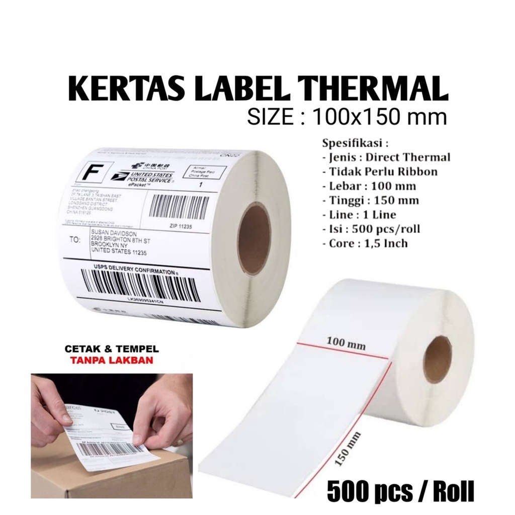 

Kertas Termal 100 x 150 mm Model Roll bulat Label Thermal Barcode Stiker Paper isi 500pcs