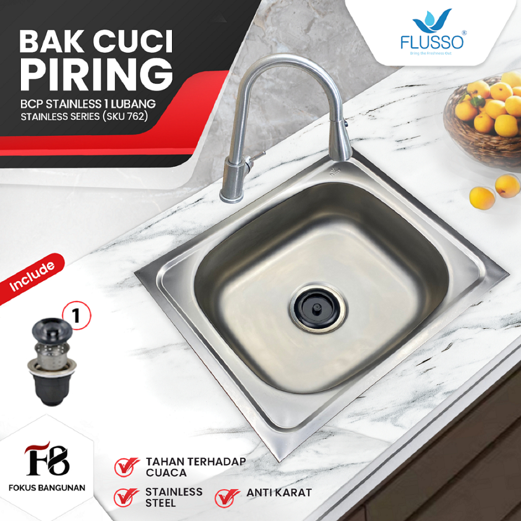 FLUSSO - Bak Cuci Piring Minimalist 50x40 Free Afur Stainless 1 Lubang | Sink Cuci Piring | 762