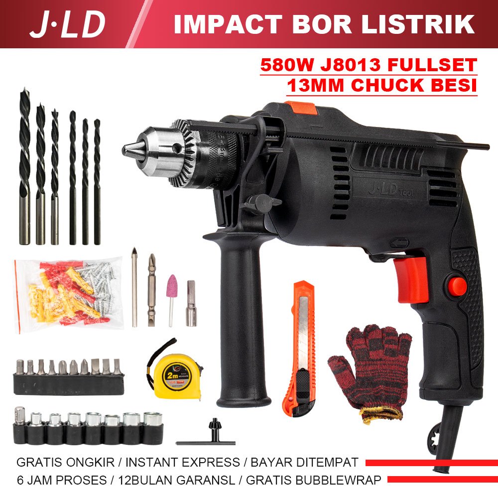 JLD 13mm mesin bor impact listrik 580W impact bor Set Bor tangan listrik bisa bolak balik bor tembok