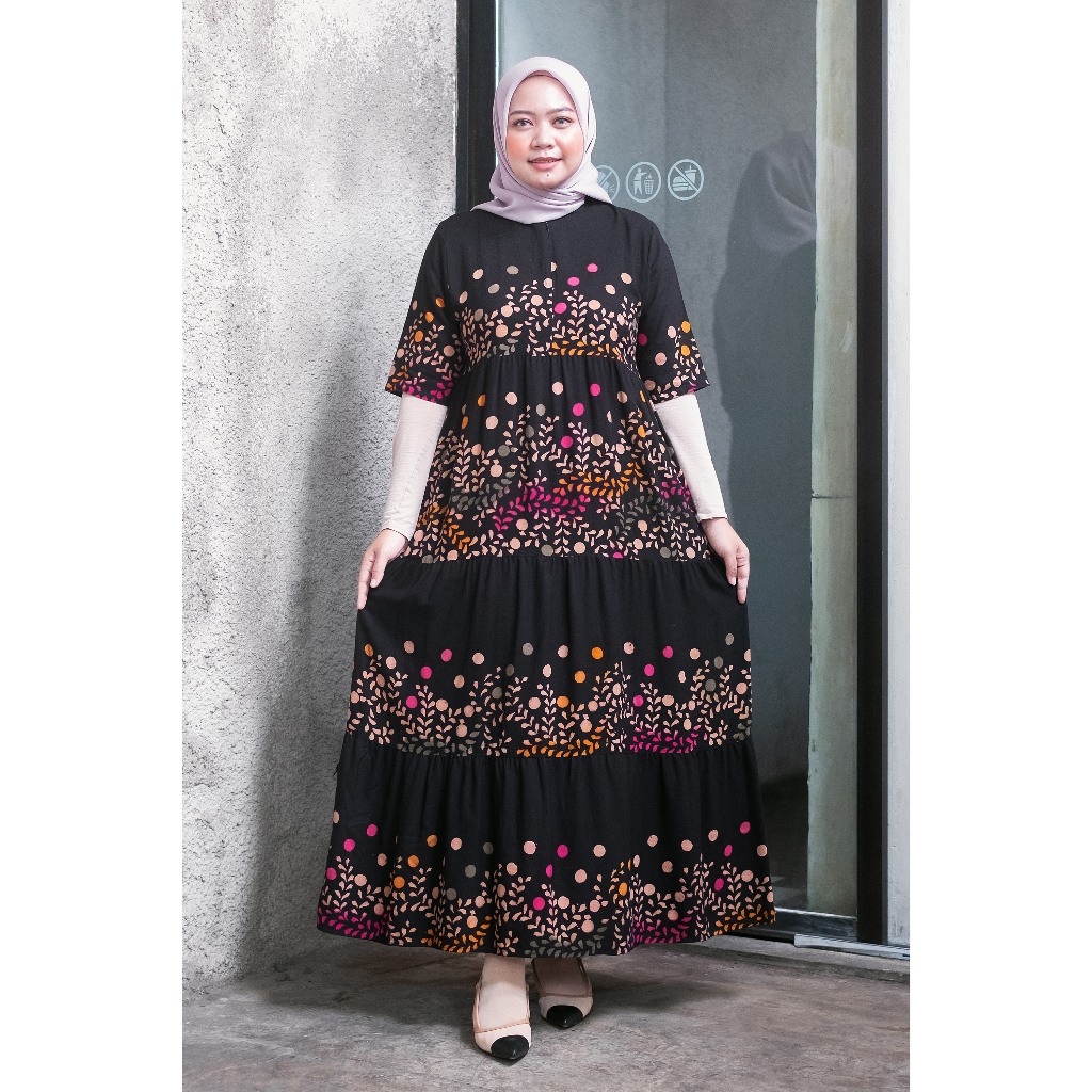 LONG DRESS MOTIF BUNGA PADI BAHAN RAYON TEBAL DENGAN SAKU / LONGDRESS / SEKDRESS / SEKDRESS SUSUN / 