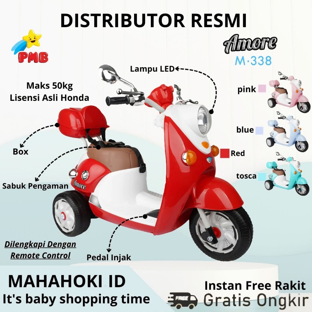 MOTOR AKI PMB M338 SCOOPY AMORE SEPEDA MOTOR LISTRIK ANAK TERLARIS MAINAN MOTOR AKI PLUS REMOTE CONT