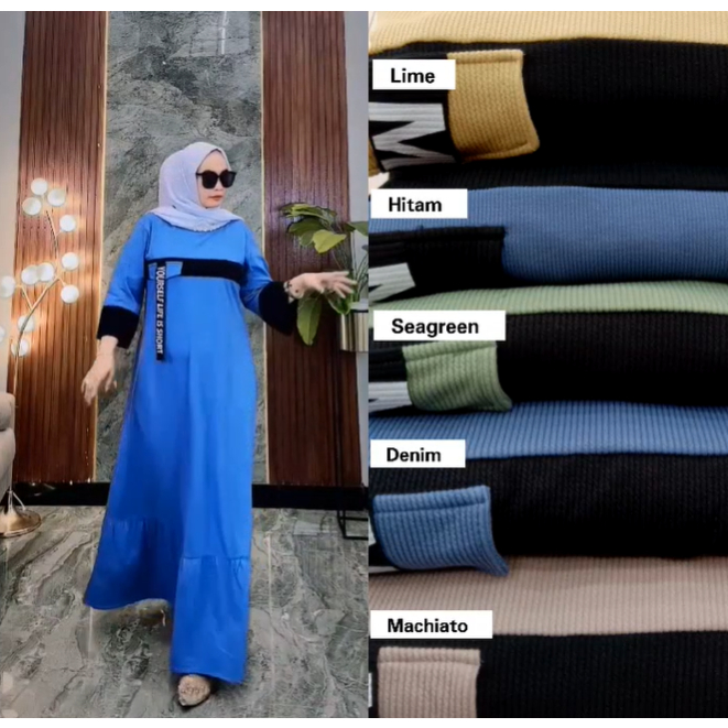 Aa_Baju Midi Dres Dress Gamis Motif Garis Warna Soft Bahan Knit Model Terbaru Ukuran All Size Adem Termurah / Midi Dres Knit Terbaru / Baju Kaftan Dres Gamis Lebaran Terbaru / Kaftan Midi Dres kekinian