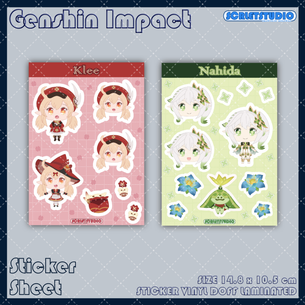 

SCRLETSTUDIO STICKER SHEET GENSHIN IMPACT CHIBI MONDSTADT LIYUE SUMERU FONTAINE FATUI TRAVELER ANIME CHARACTERS KLEE NAHIDA