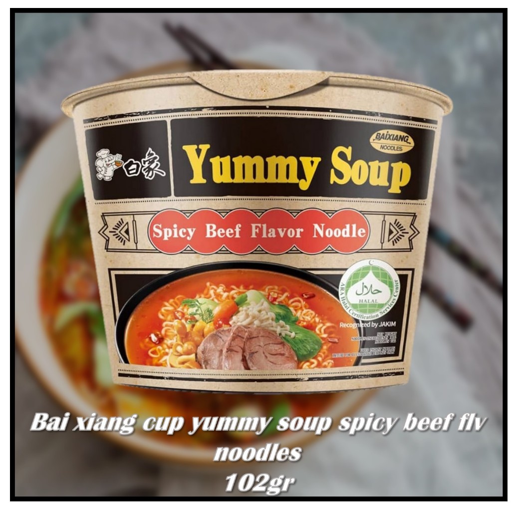 

Bai xiang cup yummy soup spicy beef flv noodles 102gr