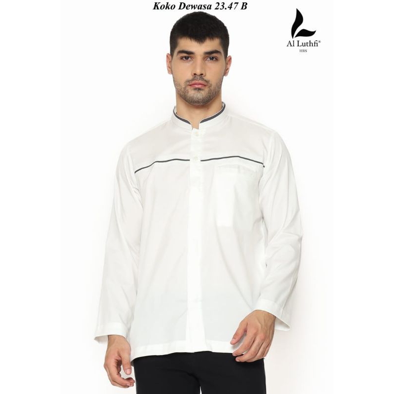 Baju Koko Al-luthfi Putih Aplikasi Panjang  Kancing full, kantong atas/dada dan kantong kiri kanan