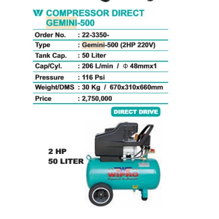 

Kompressor Angin WIPRO 2 HP 50 L GEMINI 500 Air Compressor Kompresor
