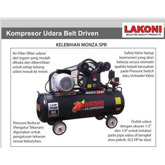 

Compressor 1/4 HP 32L + Dinamo LAKONI Monza 0.25 Belt Kompresor Angin
