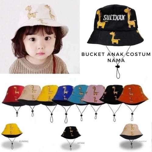 Bucket Hat Anak Ada Tali Unisex/Topi bucket Motif Jerapah Bordir Nama