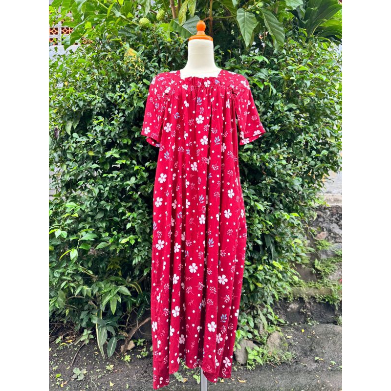 ToopOutfit - Daster Wanita Kekinian Bahan Rayon Daster Merah Motif Bunga Putih